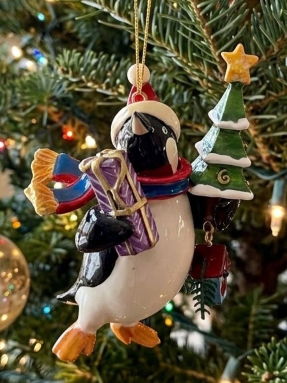 Vintage Penguin Glass Christmas Ornament Tree Presents